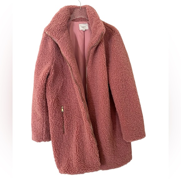 LOFT Pink Plush Funnel Neck Sherpa Teddy Zip Coat Size XL - Picture 2 of 7